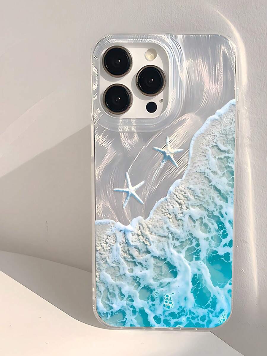 夏日清爽度假海滩海洋渐变蓝波纹泡沫海星图案全包覆TPU防震手机壳,兼容苹果17、16、15、14、13、12、11 Pro Max及系列 - 彩色 - 查看 1