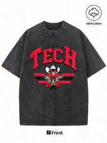 Men's Retro Texas Tech University Pattern T-Shirt - 230g Heavy Washed Round Neck Short Sleeve, Faded Red And White Logo Print, Designed For Alumni, Students, And Fans As Campus Spirit Apparel - Spring Summer Casual Street Style Fit, Fan Merchandise, Durable Fabric, Comfortable Fit, Fashion Design For College Students And Alumni, Soft Fabric, Loose Fit, Unisex Hip-Hop Style, Retro Street Stylesummer Outfits For Womengraphic Tees Men's Washed Short-Sleeved Shirt And Casual Trousers Set, Suitable For Work, Commuting, Everyday Wear, And Sports.Easy To Care For, Durable, And Available In Multiple Sizes.A Must-Have Item For Women In Summer. - 黑色 - 查看 5