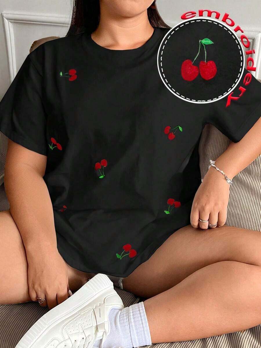 Plus Size Black Casual Short-Sleeved T-Shirt With Cherry Embroidery. All Kinds Of Prints, Jacket, Round Neck T-Shirt, Casual, For Office, For Travel, Very Popular, Sporty Style, Print/Pattern, 100% Cotton T-Shirt, Casual T-Shirt, Comfortable, Soft, Breathable. The Latest Popular Bestseller - 黑色 - 查看 1