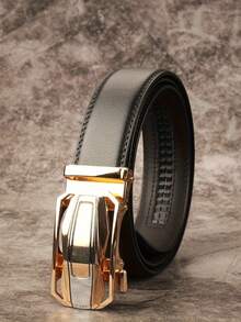 Luxury Gold Buckle Men's Automatic Belt, Litchi Texture Leather Belt, Multifunctional Black & White Casual Business Waist Belt, Adjustable Fashion Belt Accessory, Classic Minimalist Design, Suitable For Daily, Office, Date, Party And Seasonal Matching - Multicolor - View 2