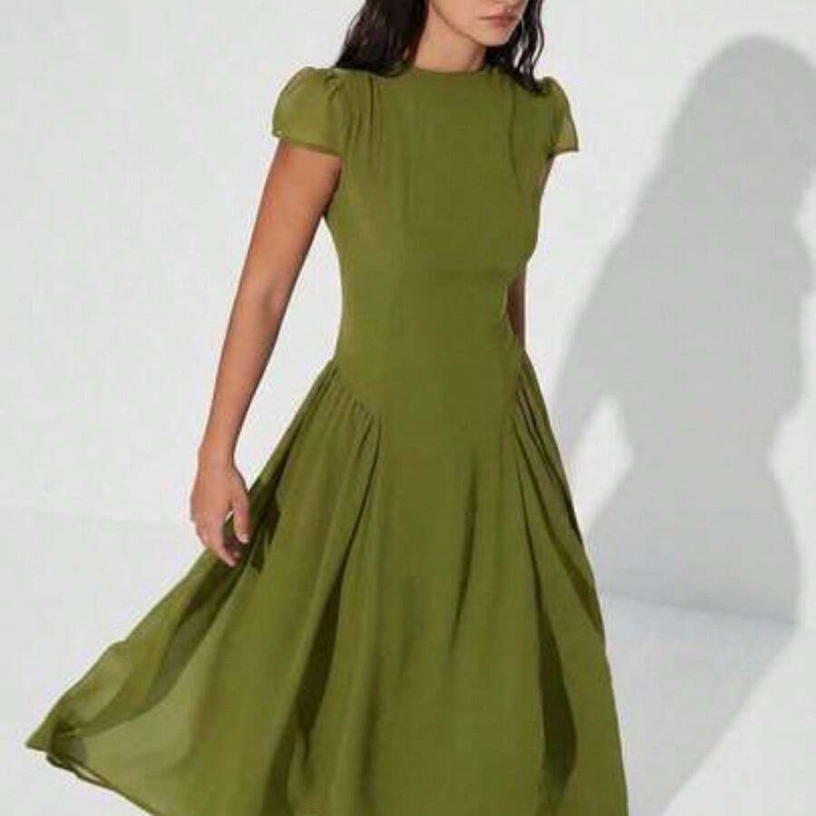 Elegant French Luxury Chiffon Dress, Stand Collar, Puff Sleeves, A-Line Silhouette, Waist Cinched, Flared Hem, Midi Length, Back Zipper Closure, Lining, Classic Solid Color, Casual Versatile, Suitable For Daily Occasions - Verde - Ver 1