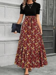 Vestido elegante de línea A con mangas abullonadas, decoración de lazo, diseño de bloques de color, cuello redondo, lavable a máquina, vestido casual para primavera/verano, adecuado para trabajo, fiesta, playa, vacaciones de lujo - Rojo - Ver 6