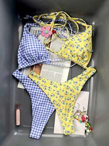 Conjunto de traje de baño de 4 piezas con cuentas marrón y a rayas, para primavera/verano 2026, conjunto de bikini de alta gama para resort de playa - Multicolor 5 - Ver 6