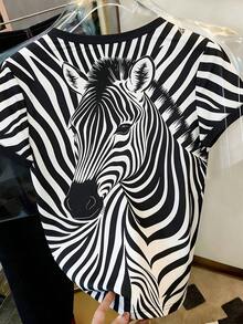 Camiseta de mujer de manga corta con cuello redondo y estampado de rayas casual - Multicolor 9 - Ver 2