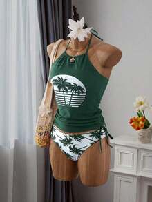 Conjunto de top de tankini con cuello halter y Bottom con estampado de palmeras, cordón y fruncido, para vacaciones y playa - Multicolor 3 - Ver 5