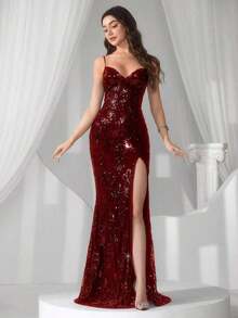 Vestido de noche con abertura alta en el muslo, con lentejuelas y diseño de patchwork, con espalda descubierta y silueta de sirena para mujer - Burdeos - Ver 3
