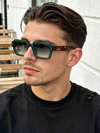 1pc Retro Square Frame Fashionable Fashion Glasses, Personalized Glasses For Men, Outdoor Driving, Tortoiseshell & Green