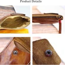 Vintage Style Handmade Top Grain Leather Wallet - Carved Minimalist Short Card Holder With Coin Pouch - Yellow - View 8