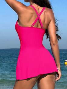 Lushoire Set de 2 piezas de ropa de playa para mujer: Top fruncido con cruce delantero liso y shorts de tankini de cintura alta, para vacaciones de verano - Rosa Fucsia - Ver 2