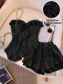 Conjunto de 2 piezas de top elegante con volantes asimétricos en el bajo y pantalones para mujer - Negro - Ver 1