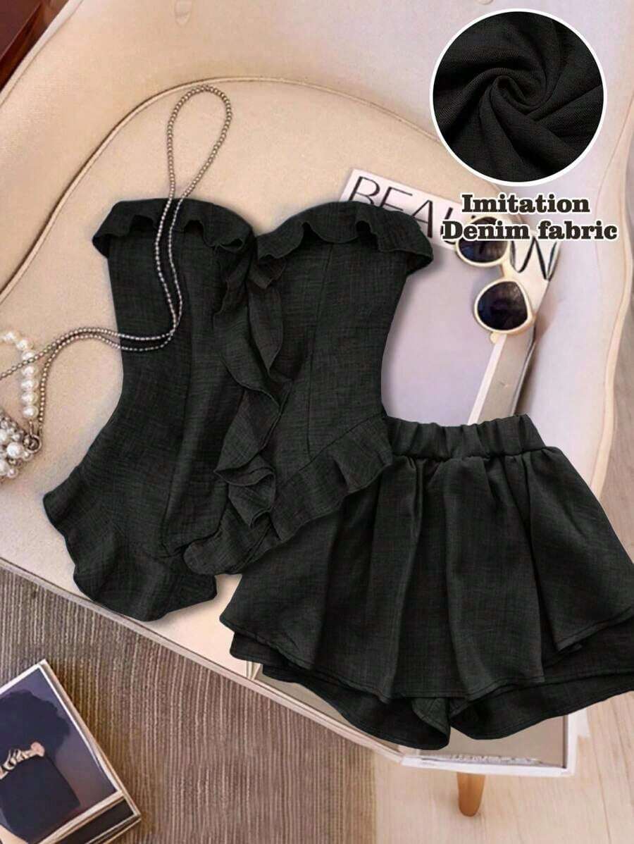 Conjunto de 2 piezas de top elegante con volantes asimétricos en el bajo y pantalones para mujer - Negro - Ver 1