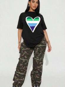 Camiseta Oversize para Mujeres con Estampado de Corazón, manga corta, cuello redondo, ajuste holgado, estilo casual chic de calle - Negro - Ver 2