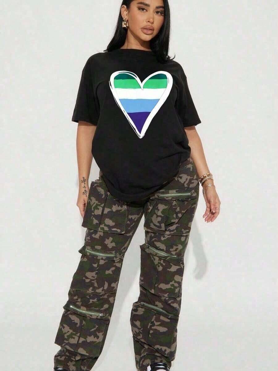Camiseta Oversize para Mujeres con Estampado de Corazón, manga corta, cuello redondo, ajuste holgado, estilo casual chic de calle