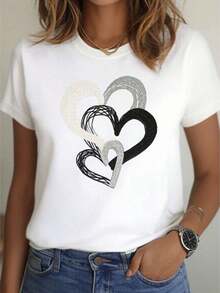 Mother's Day Set, 100% Cotton Clothing, Fitted T-Shirt For The New Year 2026 | Heart Print Design, Casual Wear, Quick Dry, Fashionable Casual Top, Round Neck, Regular Fit, Short Sleeves, Slightly Stretchy Fabric, Women's Tops. - 白色 - 查看 8