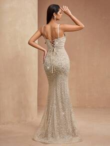 AMILUCK Luxury Women's Elegant Heavily Embellished Sequin, Sequins, Lace Spaghetti Strap Beaded Mermaid Maxi Dress With Slit Hem, Suitable For Formal Dinners, Galas, Red Carpet Events, Weddings, Cocktail Parties Party Spring - 杏色 - 查看 2