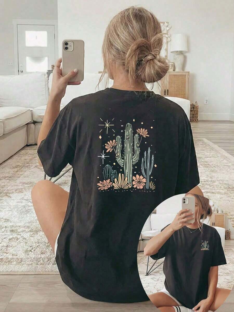 short-sleeveBlusas para mujer Camiseta de manga corta de talla grande para mujer - Blusa de cuello redondo con estampado de cactus y cielo estrellado de doble cara - Top compatible | Corte holgado, informal, lavable a máquina, adecuado para todas las estaciones, esencial para el guardarropa de primavera y verano. gym y2kCuello Redondo Algodón 100% Tejido Suave Manga Corta Transpirable y Fresca Festival del 5 de mayo Día de la Madre Día del Padre Unisexo100% Cotton - Negro - Ver 1
