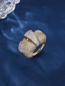 1 pieza Joyería gruesa de material de cobre, muy adornada con diseño envuelto, anillo grande, elegante y encantador, adecuado como regalo o uso diario para mujeres - dos colores - Ver 2
