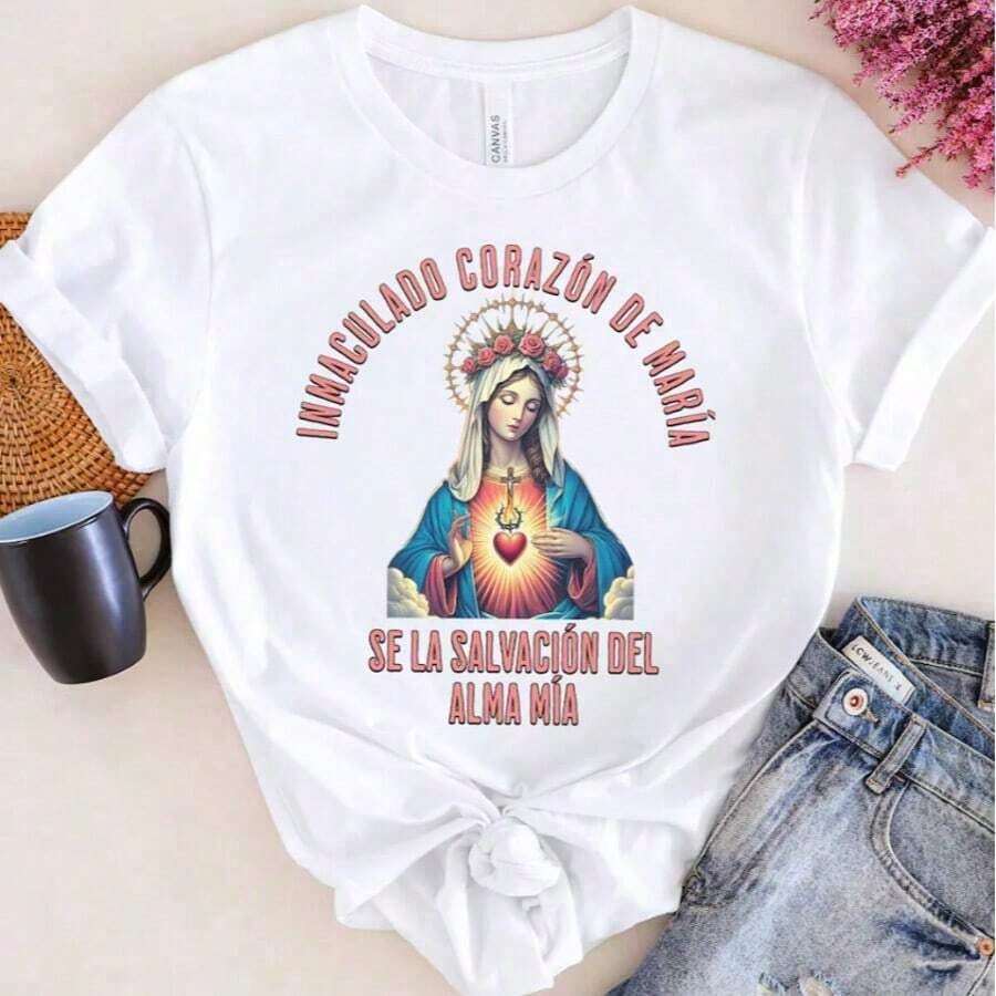 Camisetas Divertidas Dogma De La Ascensión De La Inmaculada Concepción De María Camiseta Oversize, Camiseta Estampada De Cuello Redondo, Camisetas Gráficas Para Mujer, Transpirable Y Cómoda - Blanco 002 - Ver 1