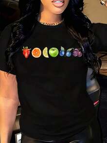 Women's Short-Sleeved T-Shirt With Round Neck And Fruit Print (Strawberry, Orange, Lemon, Apple, Blueberry, Plum), Casual And Loose Style, Ideal For Everyday Wear And Summer Outfits - Urban Vintage Style, Unisex, Cotton, Loose Fit, With Round Neck And Short Sleeves. - 黑色 - 查看 7