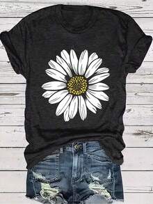 100% cotton Camiseta de Verano para Mujer con Estampado de Flores de Margarita, Cuello Redondo Ajustado - Estilo Casual Retro, Unisex, Camiseta de Manga Corta de Algodón Cómoda, Nueva Colección de Verano, Regalo para Vacaciones, Regalo para el Día de la Madre.Tops de Verano Holgados y Cómodos para Mujer, Ropa Colorida - Negro - Ver 8