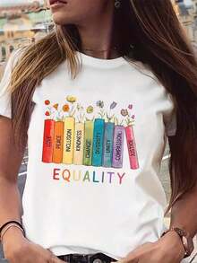 Women's Rainbow And Floral Graphic T-Shirt - Equality Theme "LOVE, PEACE, INCLUSION, KNOWLEDGE, CHANGE, DIVERSITY, COMPASSION, JUSTICE", Soft And Comfortable Casual T-Shirt For All Seasons, With Colorful Text And Floral Design, Perfect For Casual Outfits Or Special Occasions, Ladies' T-Shirts - 白色 - 查看 2