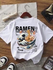 Camiseta de manga corta de cuello redondo con estampado de ramen, de moda minimalista y versátil, adecuada para mujer, color blanco - Blanco - Ver 2