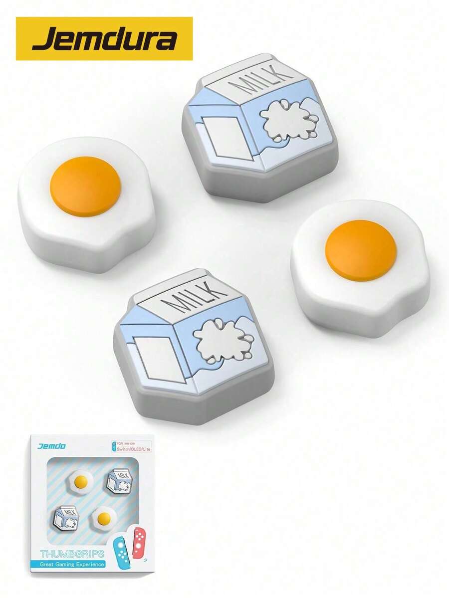 4 件套牛奶煎蛋图案硅胶模拟摇杆拇指握把套兼容 Switch OLED/Switch/Switch Lite、可爱 Joycon 控制器操纵杆帽