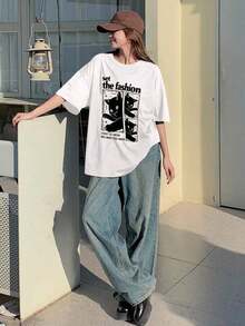 Camiseta holgada y casual de mujer con estampado de gato y letras, tops lindos, camisetas gráficas, atuendos de maestro - Blanco - Ver 5