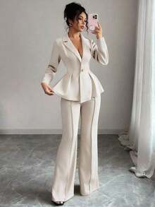 Elenzya Traje elegante que afina la cintura, pantalones acampanados y estilizadores para uso diario, adecuado para vacaciones, citas, Día de la Independencia, atuendo de maestra - Albaricoque - Ver 3