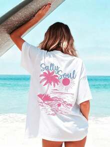 SALTY SOUL Women's Short Sleeve Crew Neck T-Shirt With Tree And Sun Print, Casual Style, Perfect For Beach Vacations, Spring/Summer, Fashionable, Your Essential Item For Everyday Vacation Wear. Women's Graphic Vacation T-Shirt - 白色 - 查看 7