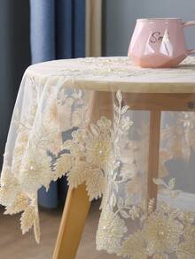 1pc Beaded Mesh Tablecloth, Luxury French Handmade Beaded Embroidery Mesh Dust Cover, Multifunctional For Coffee Table, Dining Table, Tea Table, Daily Home Decor, Air Conditioner Cover, Wedding & Party - Beige - View 4