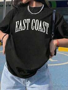 Women's Black 'East Coast' Print Short-Sleeved T-Shirt, Casual Round Neck, Regular Length, Loose Fit, Streetwear Style With Slight Stretch, Casual Blouses For Ladies, Women's Tops - 黑色 - 查看 7