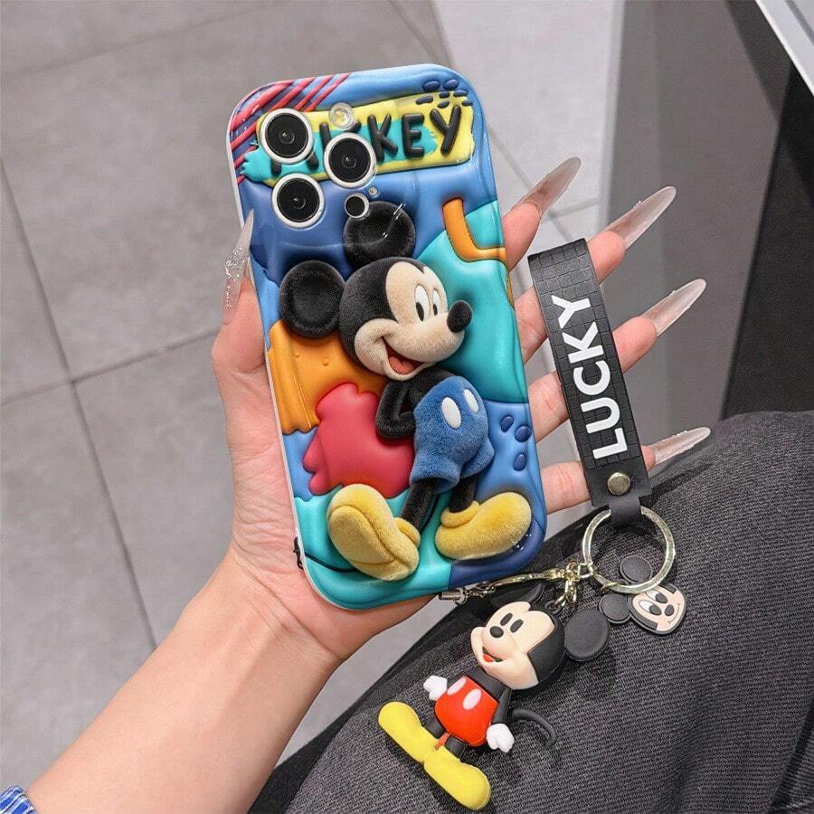 Disney Mickey Mouse Clubhouse Phone Case : 3D Fluffy Pattern Border Protector Phone Soft Phone Case With A Free Cute Mickey Bracelet Chain Lanyard, Mickey, Minnie, Goofy, Donald Duck, Daisy Duck, Pluto, For Apple 17 Promax 17 Pro 16 15 14 13 12 11 Pro Max XS Max X XR Soft Cover Summer Phone Case - 白色 - 查看 1