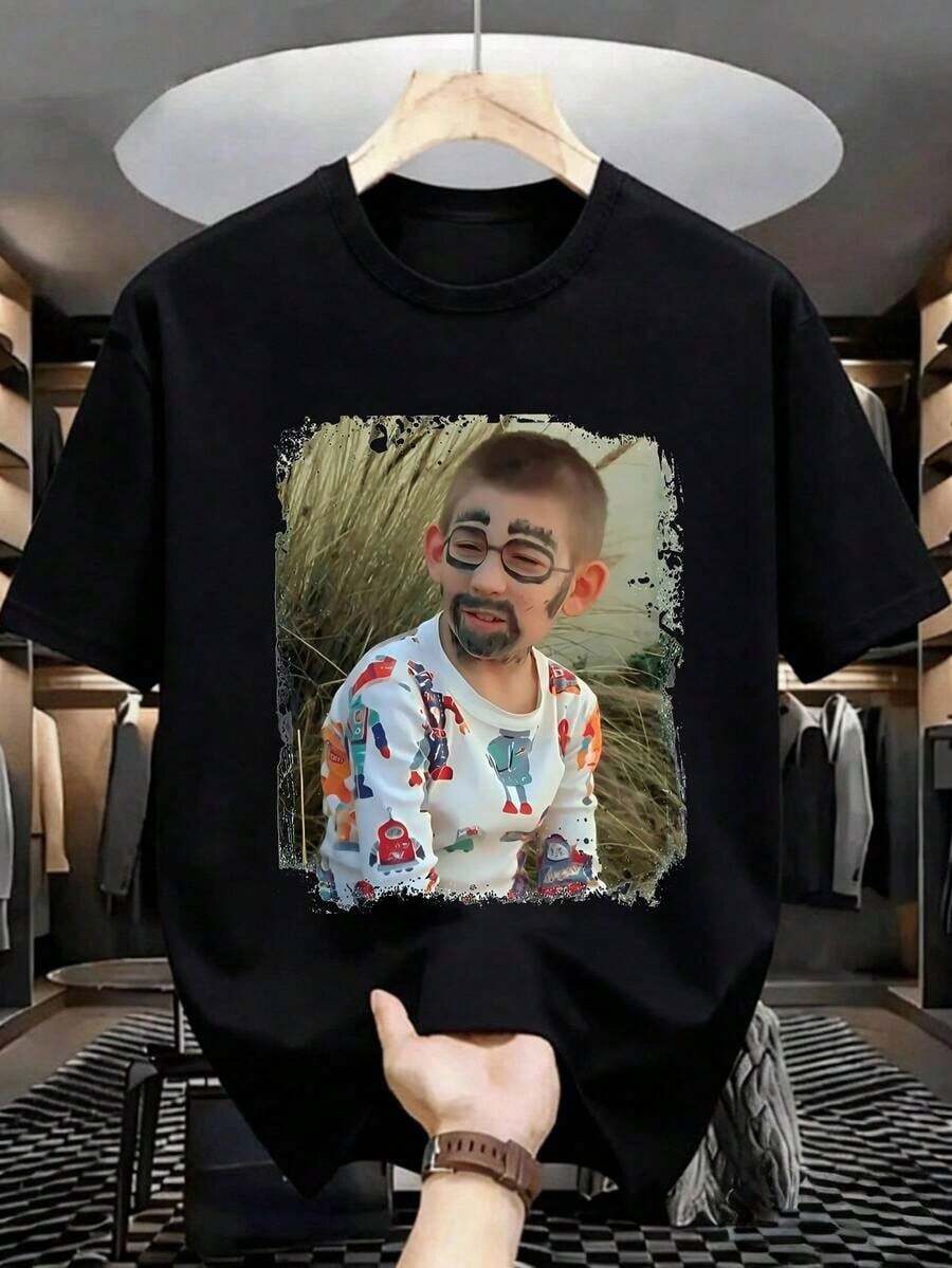 Unisex Cotton T-Shirt 220g Black, Print Of Boy With Mustache (Viral Meme), Humorous Casual Mexican T-Shirt - 黑色 - 查看 1
