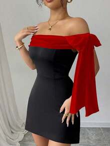 1 pieza Vestido largo elegante de hombros descubiertos para mujer, negro - Rojo y negro - Ver 6