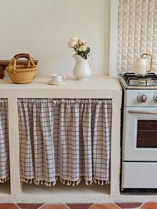 1 pièce Rideau de placard de cuisine, texture en lin, imprimé à carreaux noirs, décoration à franges beiges, jupe d'évier à volants courts, housse anti-poussière et de confidentialité pour étagères ouvertes, décoration de cuisine minimaliste nordique (tringle non incluse) - carreaux blancs - Voir 2