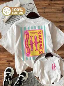 Women's Casual Top, Spring Summer Fashion, Vintage Style, Printed With The Word "Sustainably Fished Sardines", Pure Cotton Short Sleeve Round Neck T-Shirt [Ling], Summer. - 白色 - 查看 7