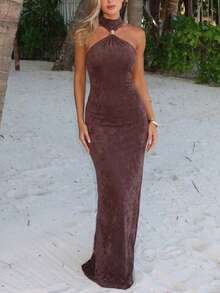 Elegantes ärmelloses braunes Kleid - Metalldekor Neckholder Stil, geeignet für Dates, Hochzeitsgäste, Sommerfeste, Urlaub - Braun - Übersicht 4