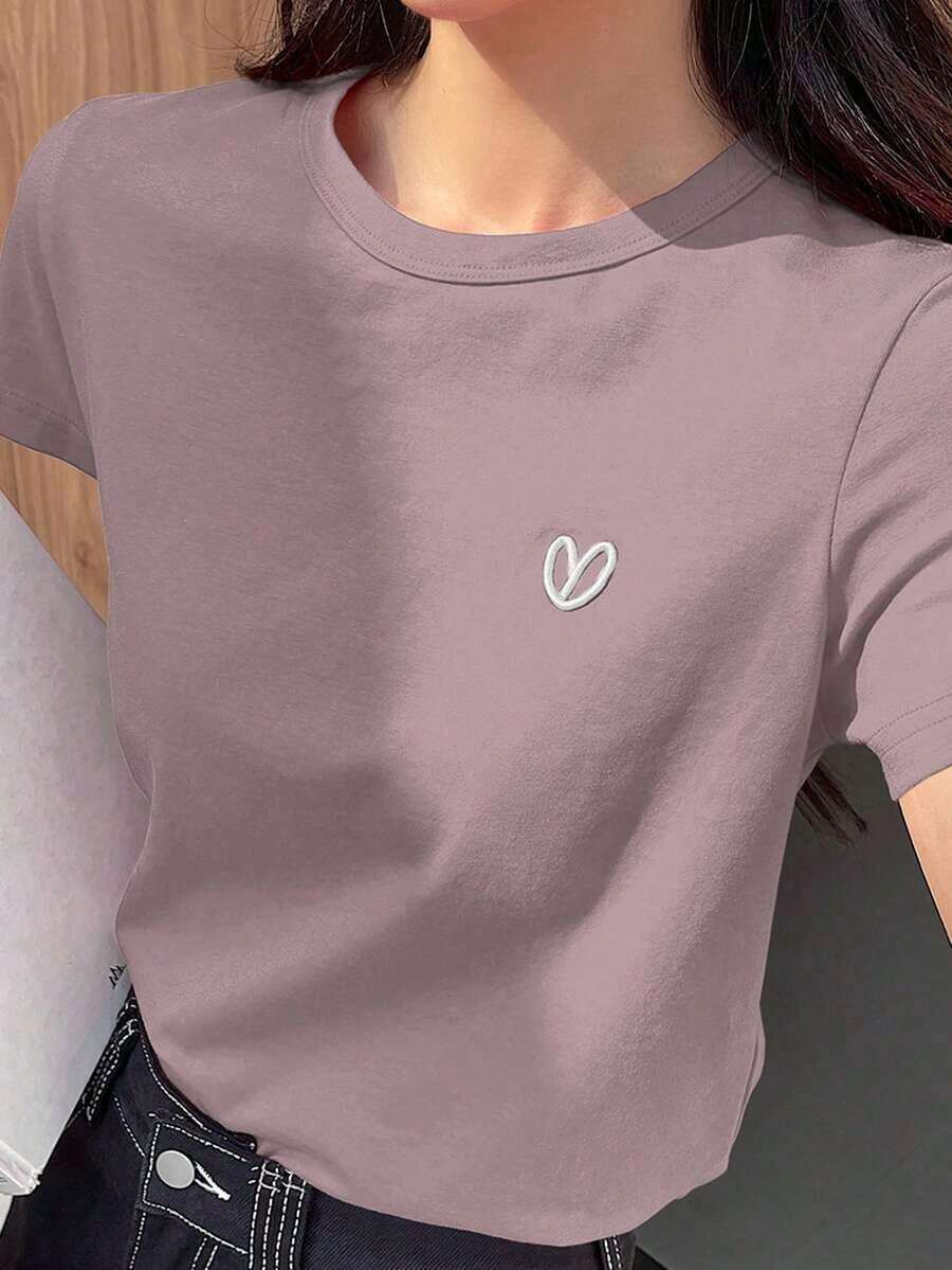 Y2K Style, Modern Style, The Newest Of 2026, Cute Style, Casual Style. Women's Loose-Fitting Casual Summer T-Shirt With Embroidered Heart And Letter Pattern, Red, 180g (S-XXXL) - 淡紫色 - 查看 1