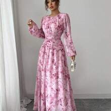 Women's Summer Chiffon Butterfly Print Ruched Round Neck Long Sleeve Dress Modest Dress Floral Dress Maxi Dress Printed Dress Yellow Floral Dress For Women Yelloe Dress Zanzea Dress For Women Ycv9w Discount Code For Woman Dress - Albaricoque - Ver 7