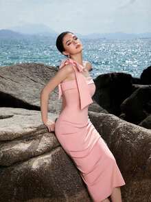 Vestido de cóctel ADYCE de un hombro, unicolor, con lazo decorativo, escote strapless, abertura en la espalda y hasta la rodilla, blanco, elegante y semiformal para bodas, cumpleaños, graduación, cena o eventos - Rosa - Ver 6