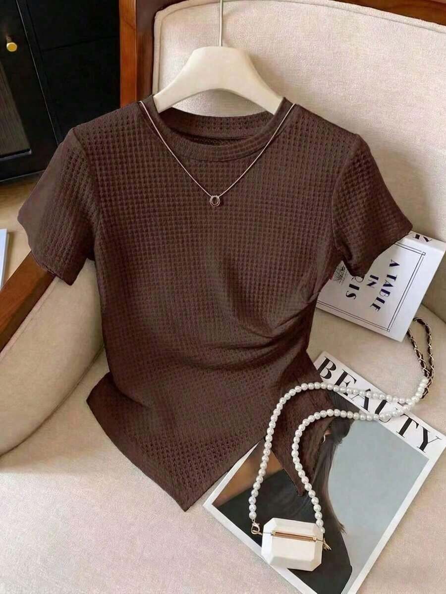 Camiseta de manga corta de unicolor con cuello redondo, versátil para uso diario, camiseta básica de mujer para uso casual en el trabajo, camiseta lisa para mujer - Café integral - Ver 1