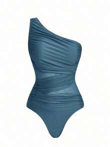 Traje de baño de una pieza de unicolor, asimétrico en el hombro, de moda para el verano y la playa, de estilo minimalista - Niebla azul - Ver 6
