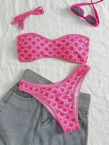 Set de 2 piezas Bikini bandeau con estampado floral rosa para mujer, con tirantes desmontables adecuado para vacaciones en la isla y sesiones de fotos en la playa en verano - Multicolor - Ver 1