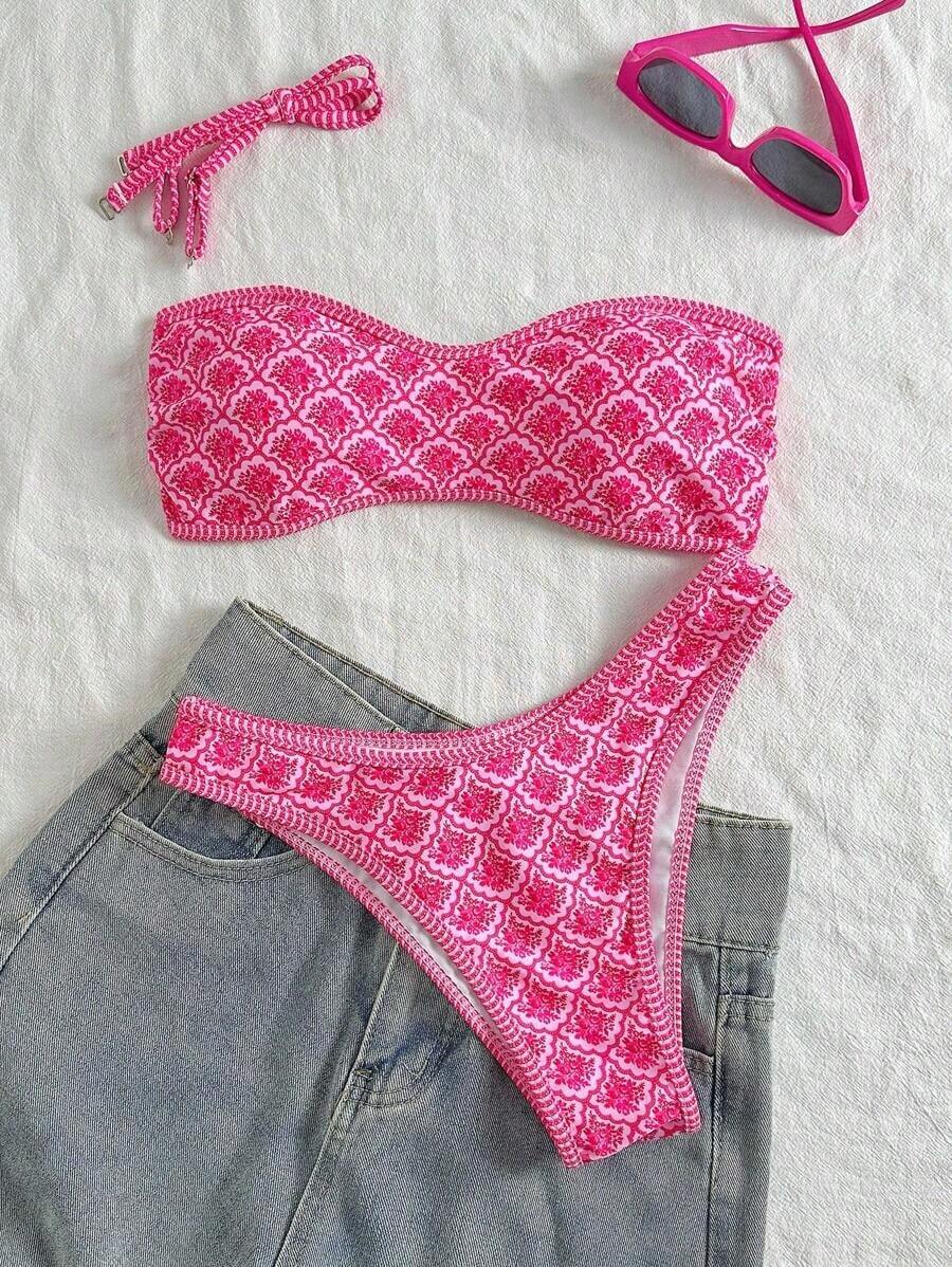 Set de 2 piezas Bikini bandeau con estampado floral rosa para mujer, con tirantes desmontables adecuado para vacaciones en la isla y sesiones de fotos en la playa en verano - Multicolor - Ver 1