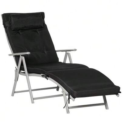Foldable Beach Lounger, 7 Adjustable Positions, Weatherproof, With Cushion, Textileline, Polyester, Metal, 137 X 63.5 X 100.5 Cm, Black