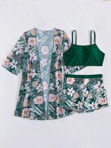 Conjunto de playa de 3 piezas para mujer: top de bikini corto negro, kimono de malla y shorts - Multicolor 3 - Ver 7