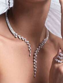 1pc Fashionable Sparkling Leaf-Shaped Adjustable Choker Necklace, Elegant Accessory For Formal Dresses - Silver - View 5