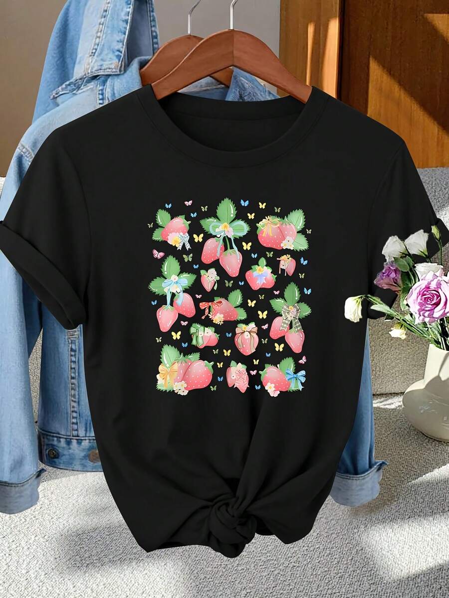 Elegant Women's Short-Sleeved T-Shirt With A Round Neck, Butterfly Knot Detail, And Strawberry Floral Print, Perfect For Spring, Summer, And Fall. A Stylish Top Suitable For Commuting, Vacations, And Everyday Wear With A Vintage Touch. - 黑色 - 查看 1