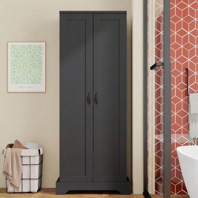 56 X 40 X 170cm Tall Bathroom Cabinet With Moisture-Resistant Paint Finish, Double Doors, Four Shelves, Adjustable Shelves, Soft-Close Hinges, Black.